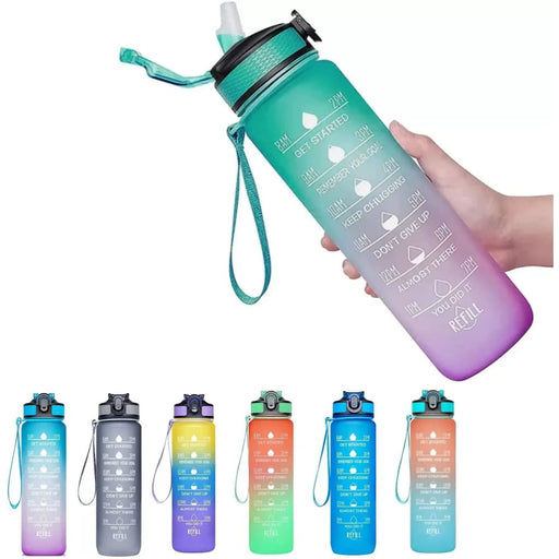 1000ml Gradient Water Bottle With Straw And Time Marker