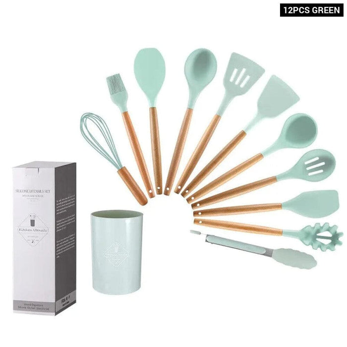 12 Piece Wooden Handle Silicone Kitchen Utensils Storage