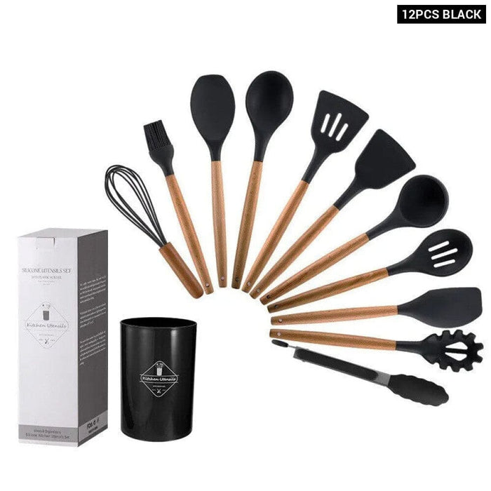 12 Piece Wooden Handle Silicone Kitchen Utensils Storage