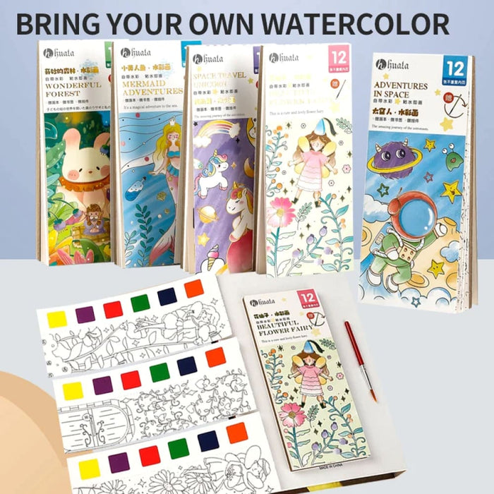 12 Sheet Watercolour Colouring Book Set with Brush 5 Colours