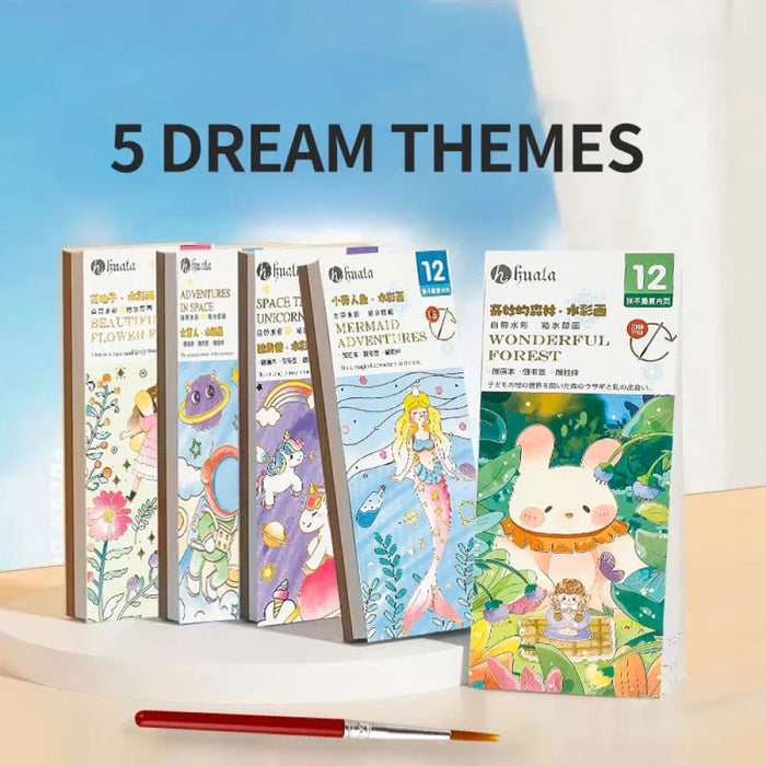 12 Sheet Watercolour Colouring Book Set with Brush 5 Colours