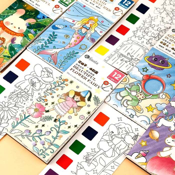 12 Sheet Watercolour Colouring Book Set with Brush 5 Colours