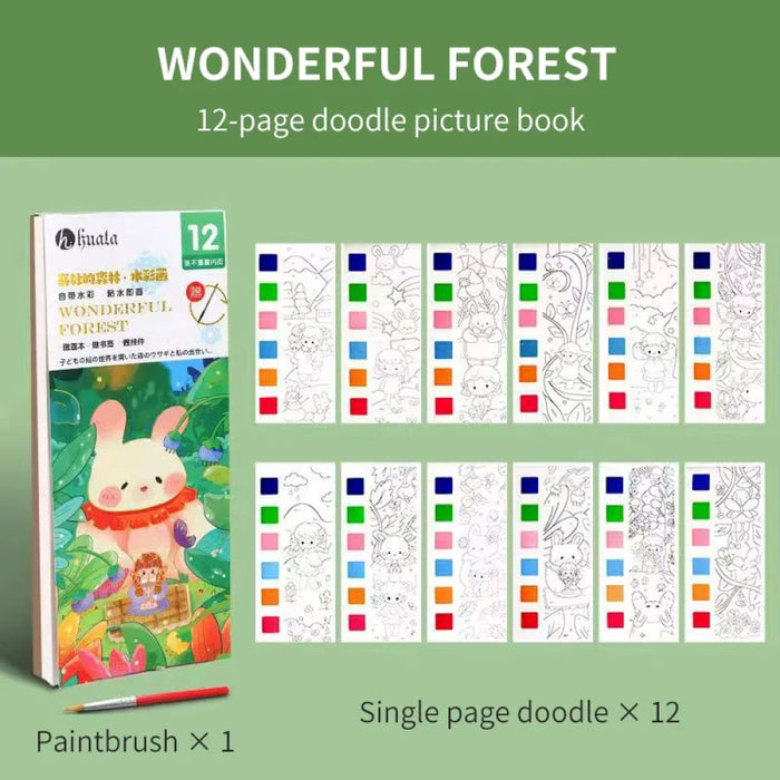 12 Sheet Watercolour Colouring Book Set with Brush 5 Colours