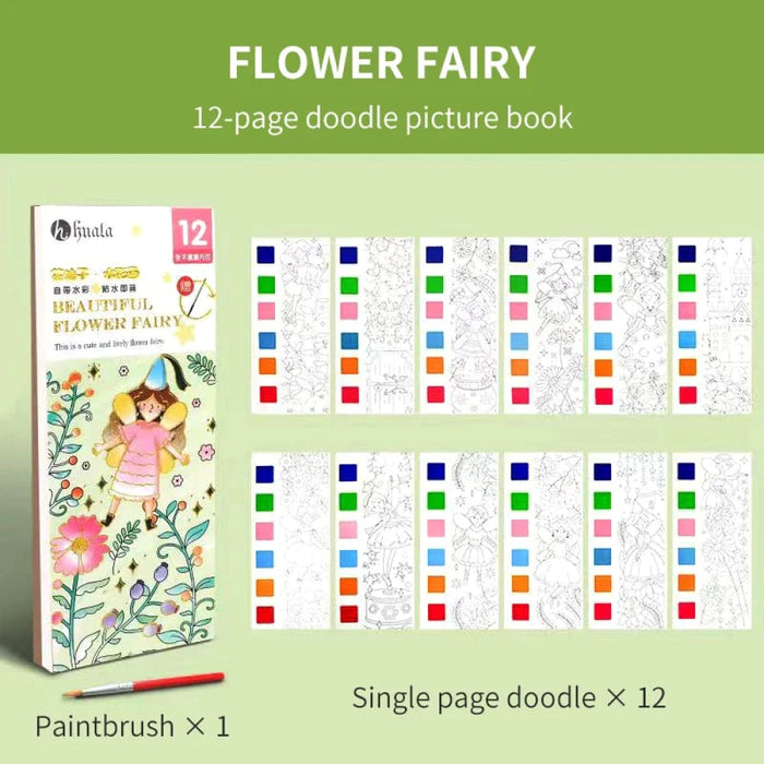 12 Sheet Watercolour Colouring Book Set with Brush 5 Colours