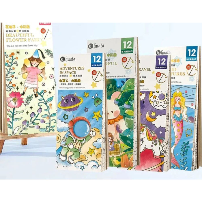 12 Sheet Watercolour Colouring Book Set with Brush 5 Colours