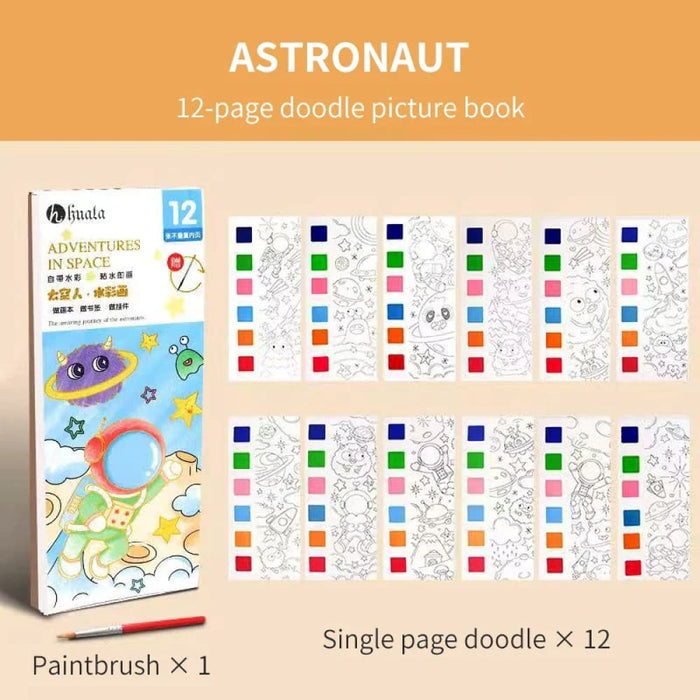 12 Sheet Watercolour Colouring Book Set with Brush 5 Colours