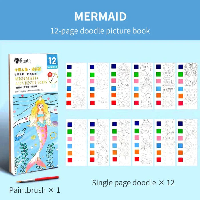 12 Sheet Watercolour Colouring Book Set with Brush 5 Colours