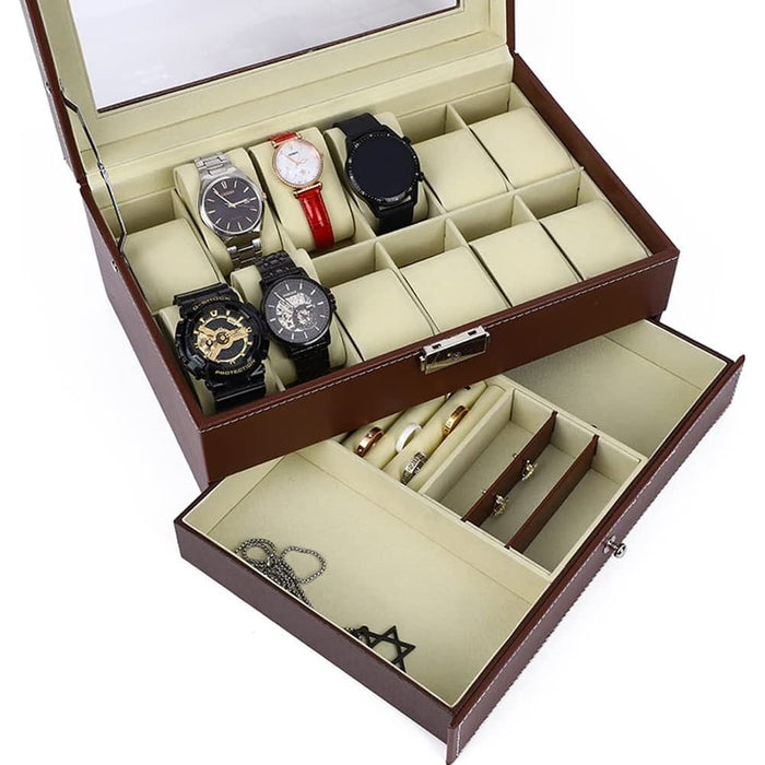 12 Slot Pu Leather Lockable Watch And Jewelry Storage Boxes