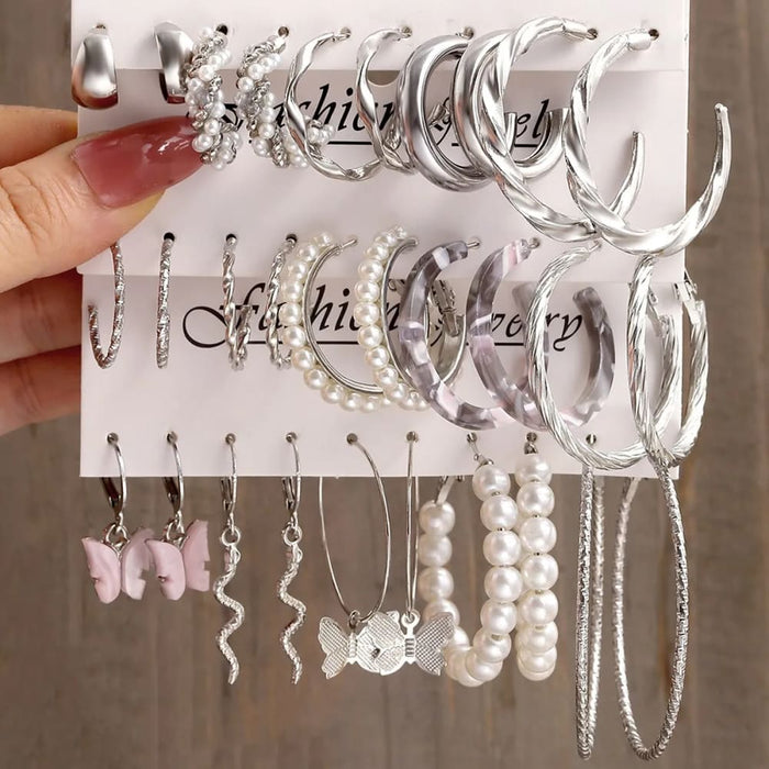 15 Pairs Silver Creative Simple Lady Pearl Earrings