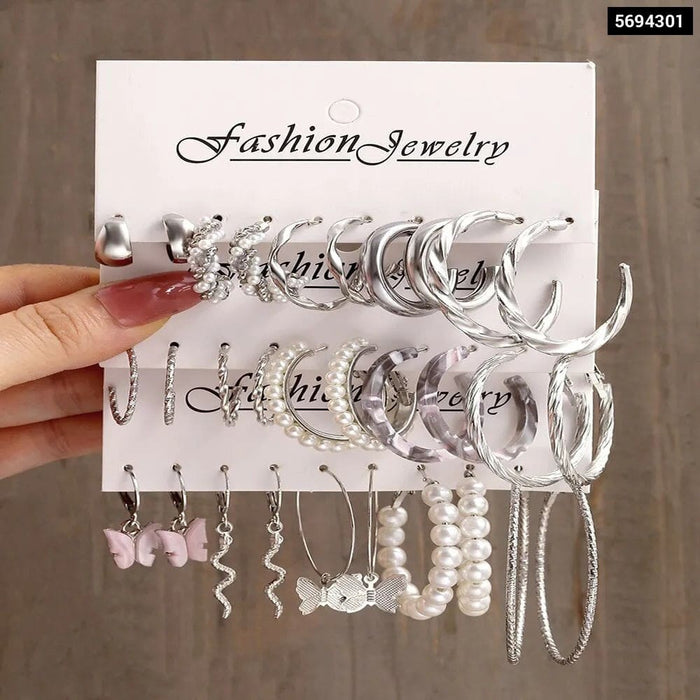 15 Pairs Silver Creative Simple Lady Pearl Earrings