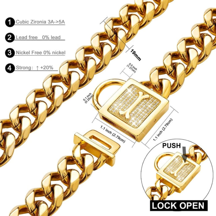 19mm Gold Cuban Zirconia Buckle Bling Pet Collar For Small