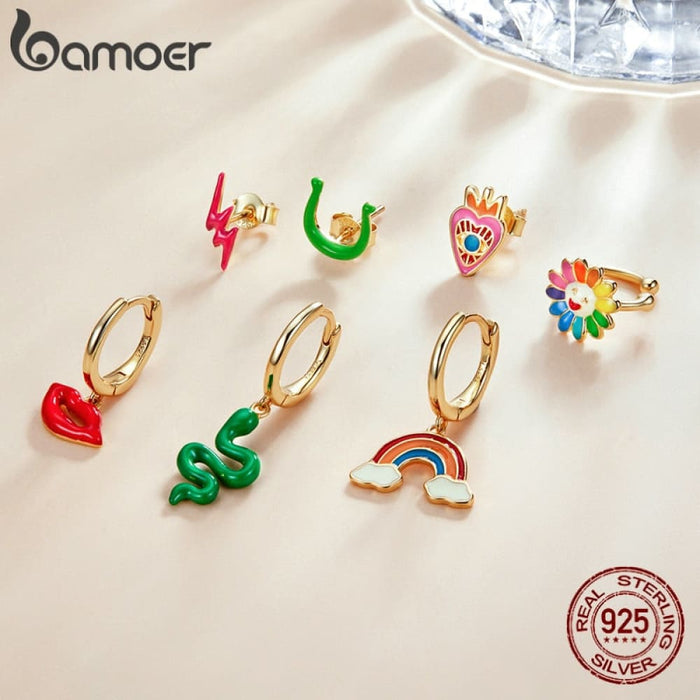 1piece Gold Enamel Rainbow Earring 925 Sterling Silver Love