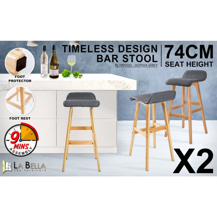 2 Set 74cm Grey Wooden Bar Stool Sophia Fabric