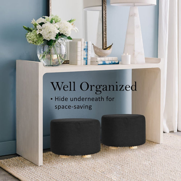 2 Set Black Fabric Ottoman Round Wooden Leg Foot Stool