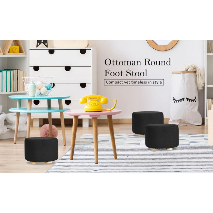 2 Set Black Fabric Ottoman Round Wooden Leg Foot Stool