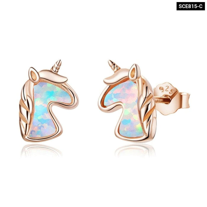 2 Colour Opal Licorne Stud Earrings For Women