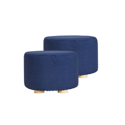 2 Set Dark Blue Fabric Ottoman Round Wooden Leg Foot Stool