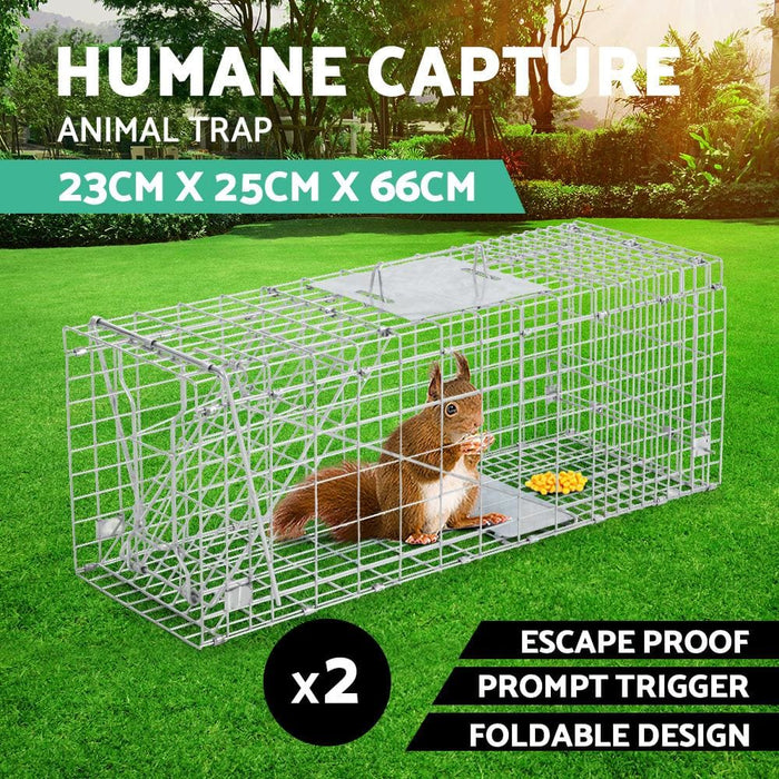 Set Of 2 Humane Animal Trap Cage 66 x 23 25cm - Silver