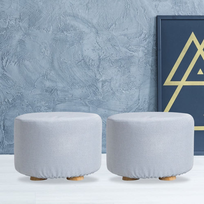 2 Set Light Blue Fabric Ottoman Round Wooden Leg Foot Stool