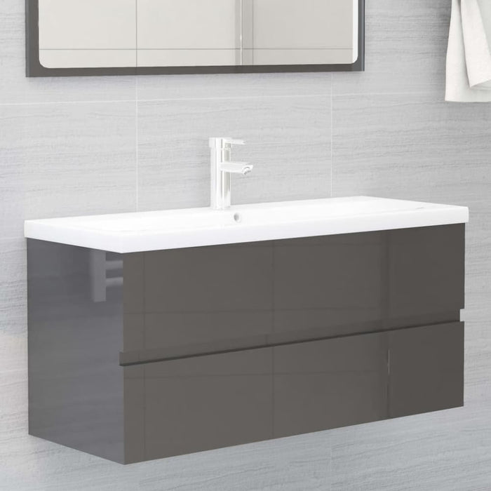 2 Piece Bathroom Furniture Set Glossy Look Grey Chipboard