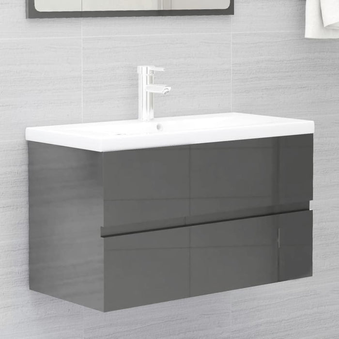 2 Piece Bathroom Furniture Set Glossy Look Grey Chipboard