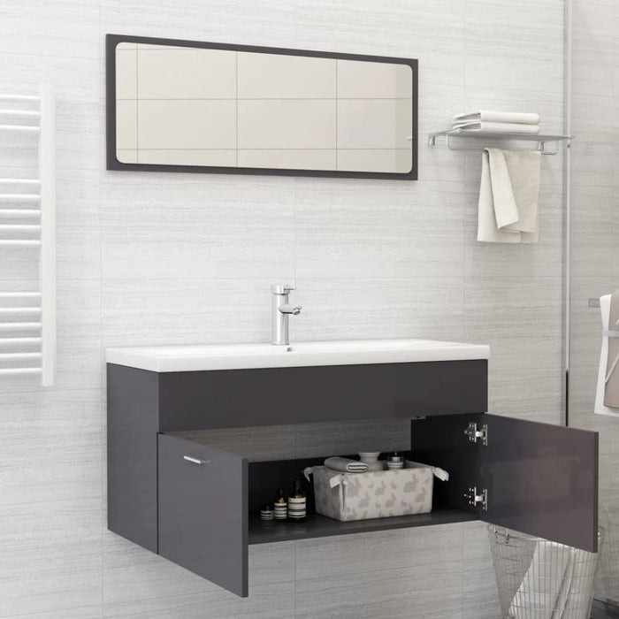 2 Piece Bathroom Furniture Set Glossy Look Grey Chipboard