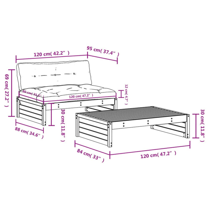 2 Piece Garden Lounge Set With Cushions Black Solid Wood