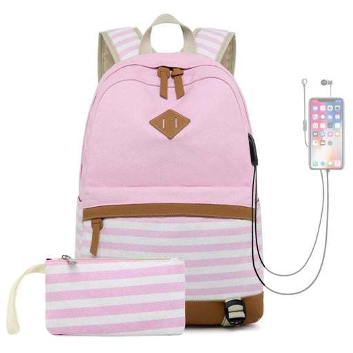 2 Piece Striped Canvas Backpack Set