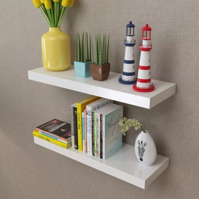 2 White Mdf Floating Wall Display Shelves Book Dvd Storage