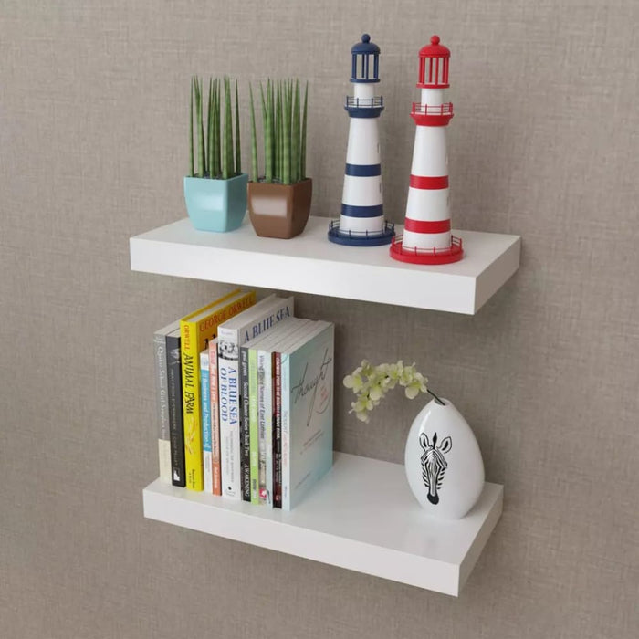 2 White Mdf Floating Wall Display Shelves Book Dvd Storage