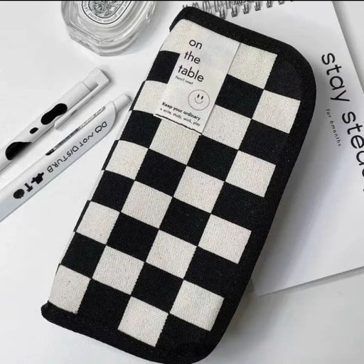 20cm Black And White Checkerboard Grid Pencil Bag Large