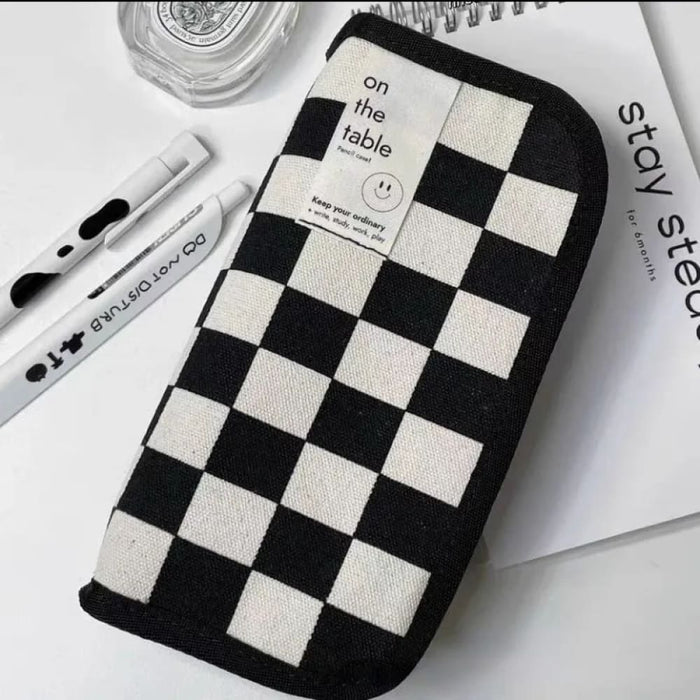 20cm Black And White Checkerboard Grid Pencil Bag Large