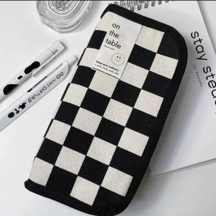 20cm Black And White Checkerboard Grid Pencil Bag Large