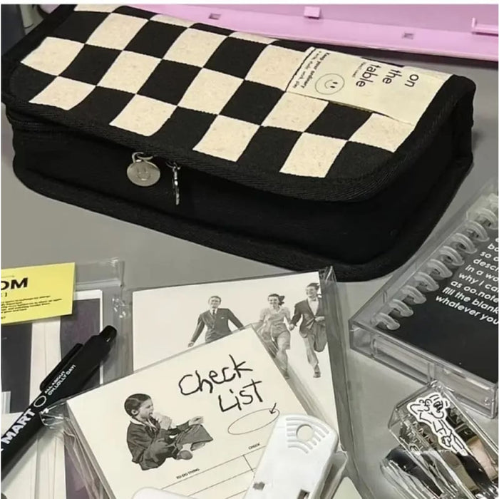 20cm Black And White Checkerboard Grid Pencil Bag Large