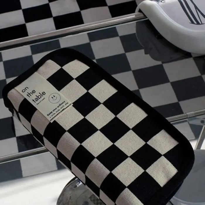 20cm Black And White Checkerboard Grid Pencil Bag Large