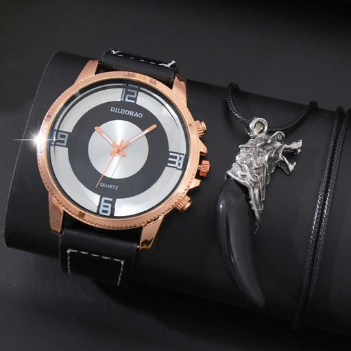 2pcs Black Round Quartz Watch With Pendant Necklace Men