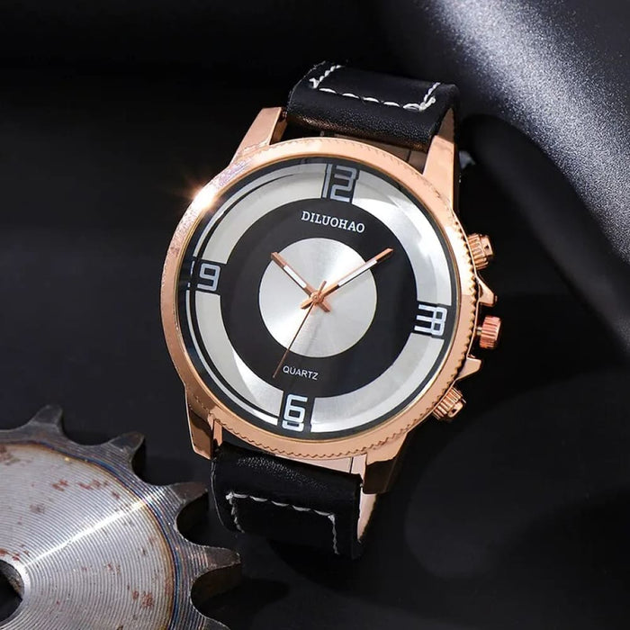 2pcs Black Round Quartz Watch With Pendant Necklace Men