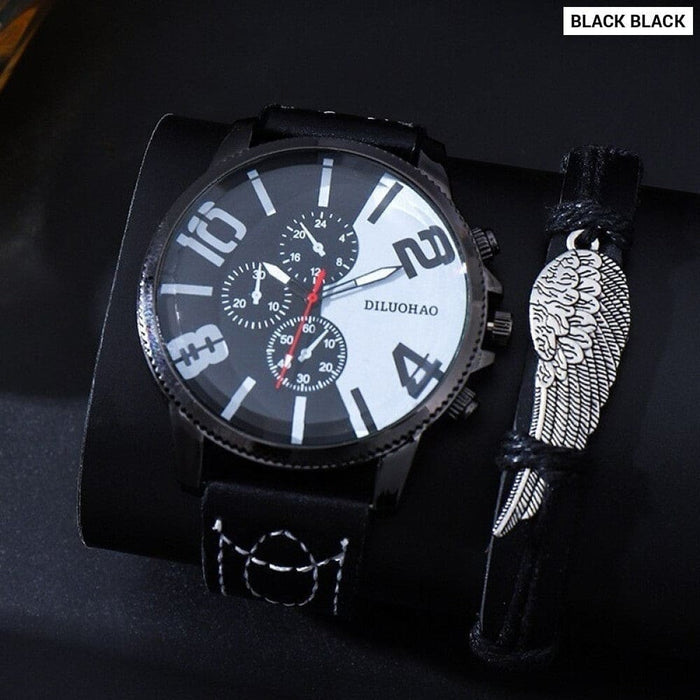 2pcs Big Dial Quartz Wristwatch Luxury Men Leather Business