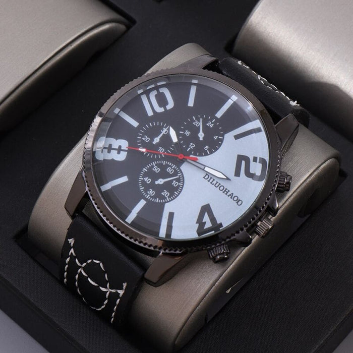 2pcs Big Dial Quartz Wristwatch Luxury Men Leather Business