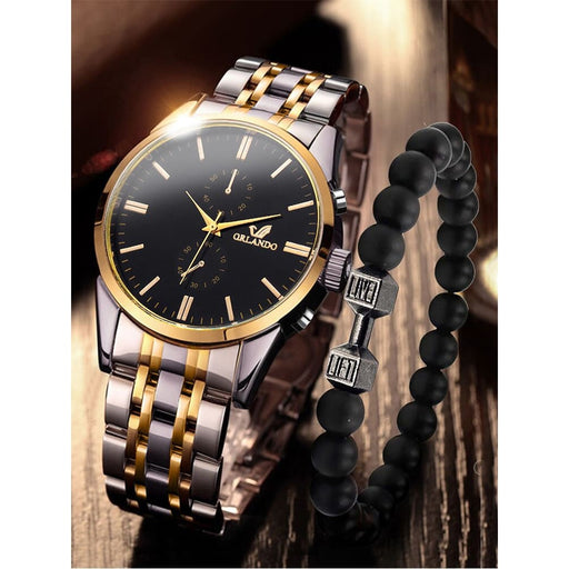 2pcs Fashion Business Big Dial Men’s Room Gold Steel Band