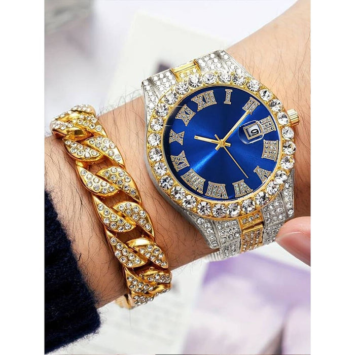 2pcs Fashion Luxury Full Diamond Steel Band Calendar Roman