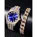 2pcs Fashion Luxury Full Diamond Steel Band Calendar Roman