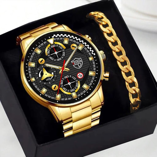 2pcs Fashion Mens Gold Bracelet Watches Set Men Business