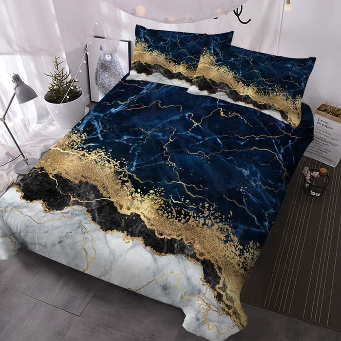 3 Piece Blue Gold Marble Duvet Set With 2 Pillow Shams