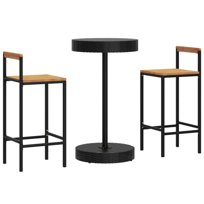 3 Piece Garden Bar Set Black Poly Rattan&solid Wood Acacia