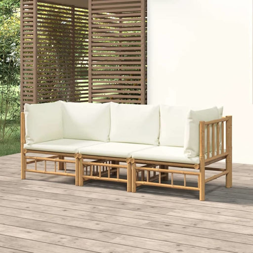 3 Piece Garden Lounge Set With Cream White Cushions Bamboo