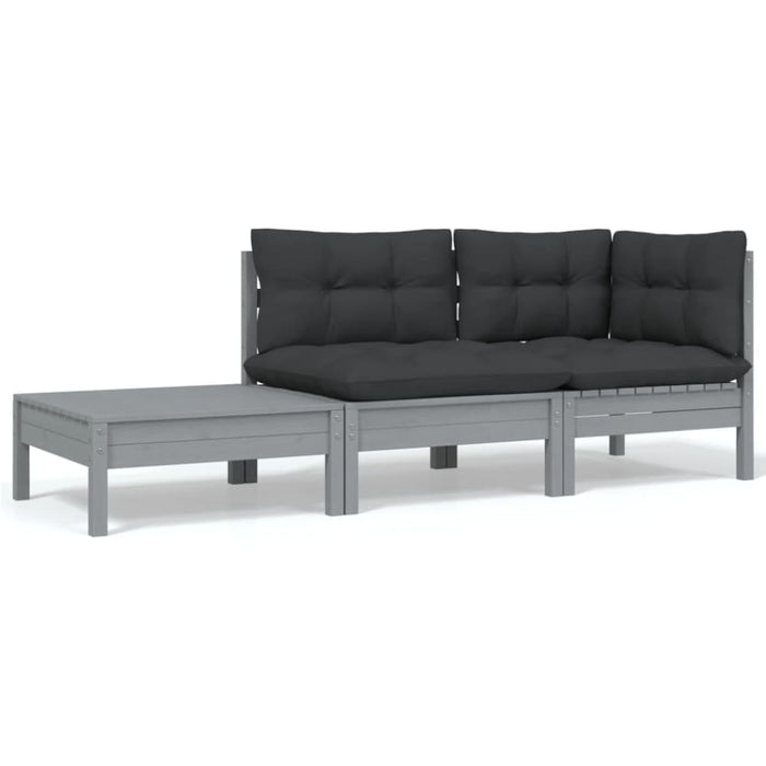 3 Piece Garden Lounge Set With Cushions Grey Solid Pinewood