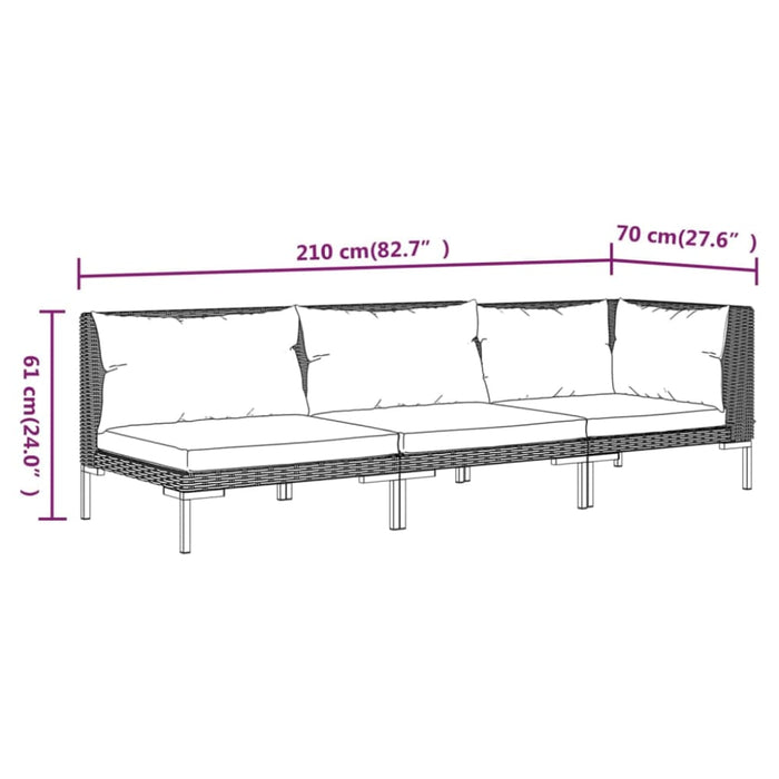 3 Piece Garden Lounge Set Dark Grey Half Round Poly Rattan