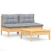 3 Piece Garden Lounge Set With Grey Cushions Pinewood