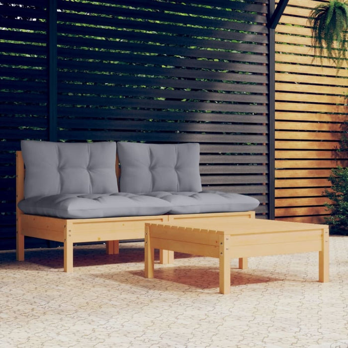 3 Piece Garden Lounge Set With Grey Cushions Pinewood